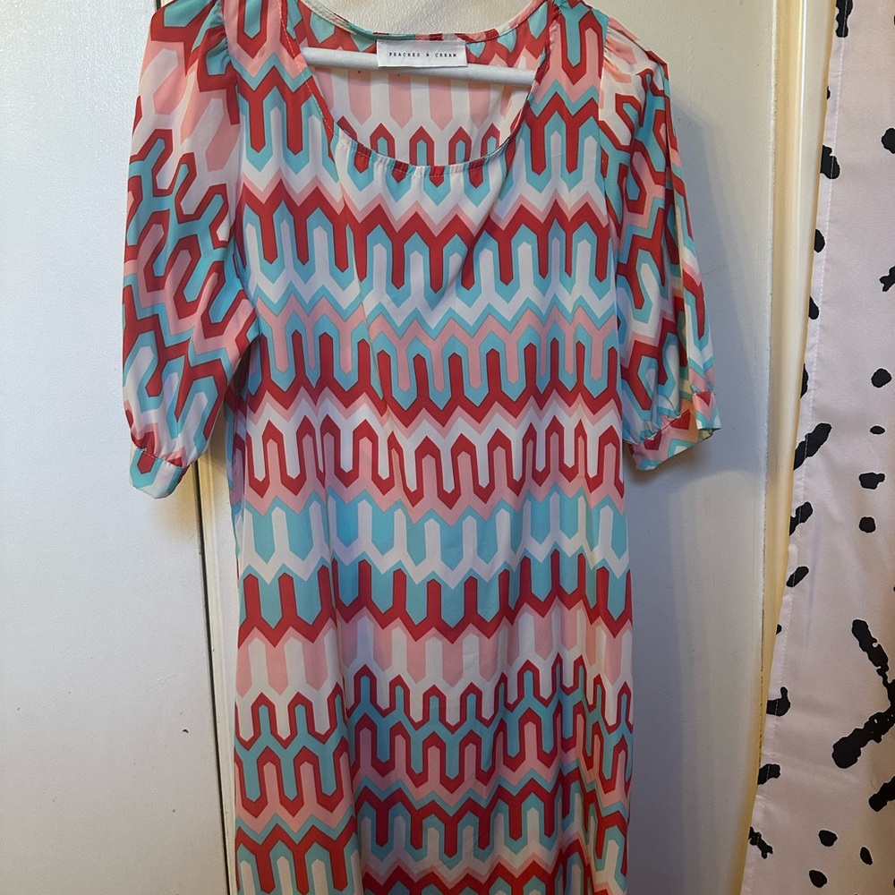 Patterned Dress with Red and Blue Accents